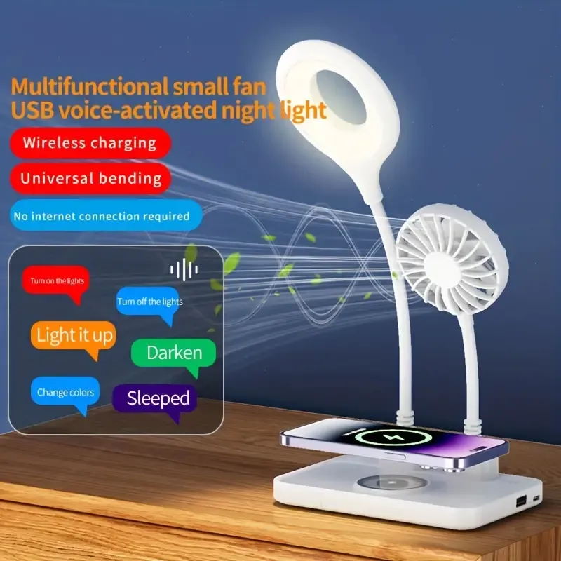 Petite lampe de bureau veilleuse USB à commande vocale et ventilateur USB avec chargeur sans fil
