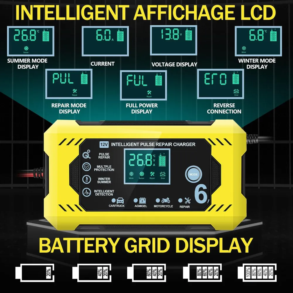 CHARGEUR DE BATTERIE DE VOITURE 12V 6A